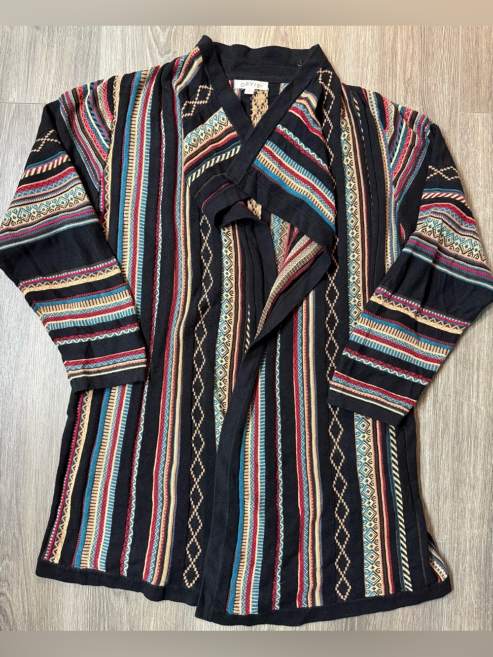 Orvis Ethnic Stripe Textured Knit Open Front Cardigan Boho Southwestern Aztec XL